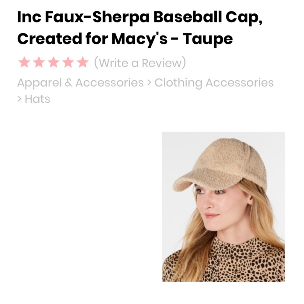 INC Taupe Sherpa Baseball Cap/Hat w/Vel-Cro Closure